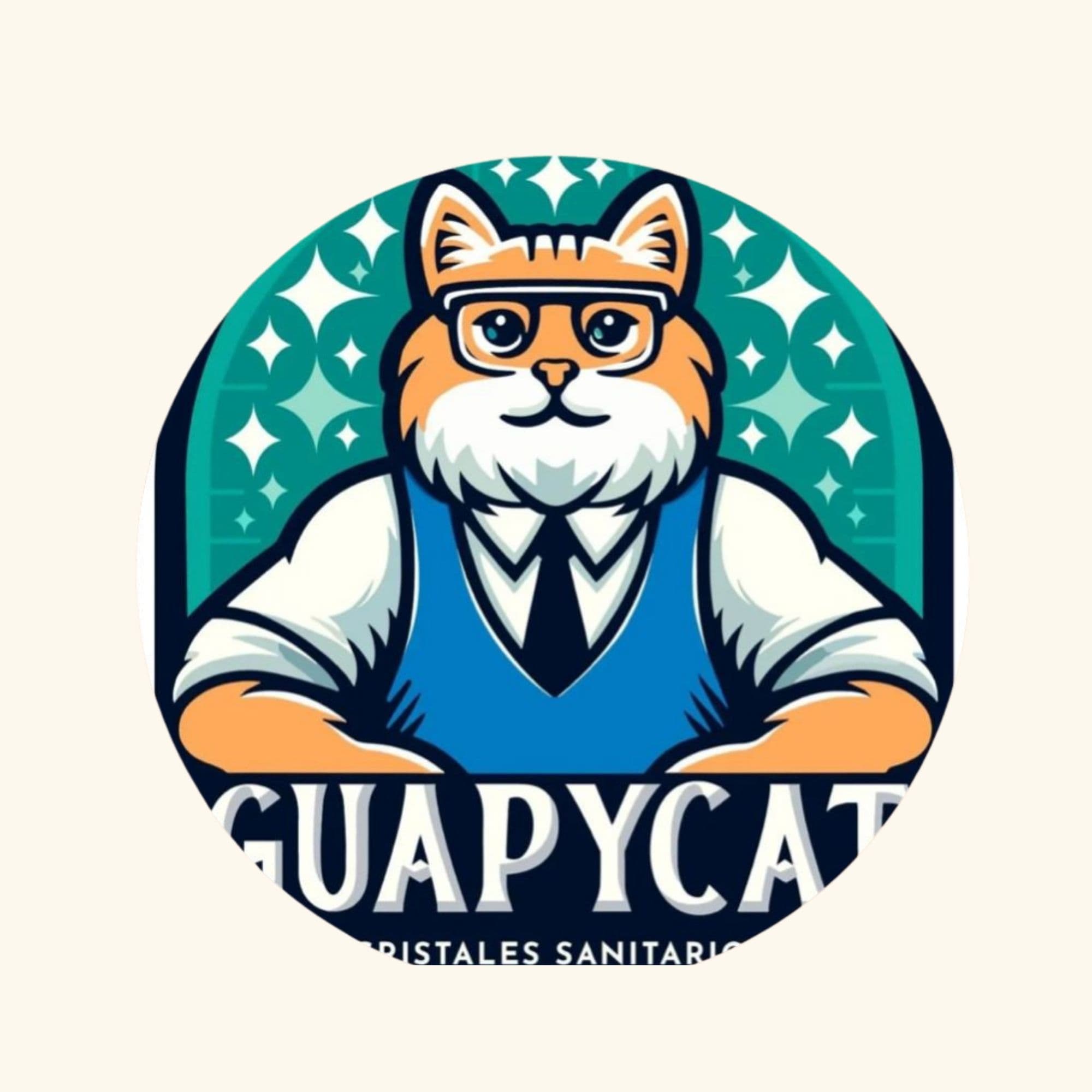 Logo circular de un gato naranja con gafas, chaleco azul y corbata, con texto GUAPYCAT.
