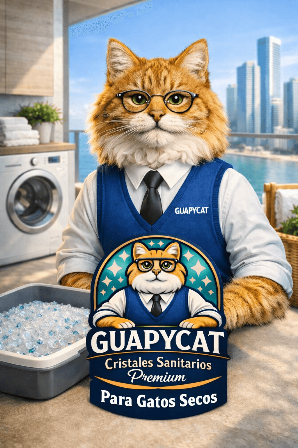 Gato naranja con gafas y uniforme azul promocionando cristales sanitarios premium de la marca Guapycat.