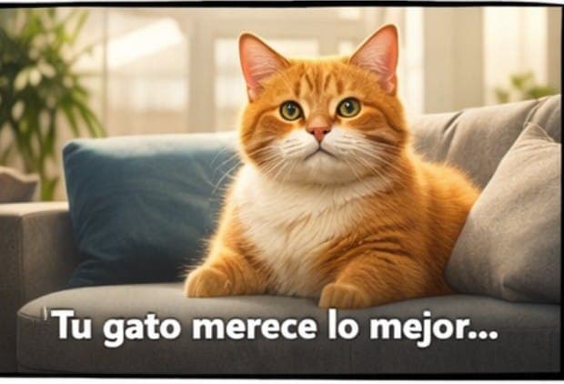 Gato naranja y blanco en sofá gris con texto "Tu gato merece lo mejor..."