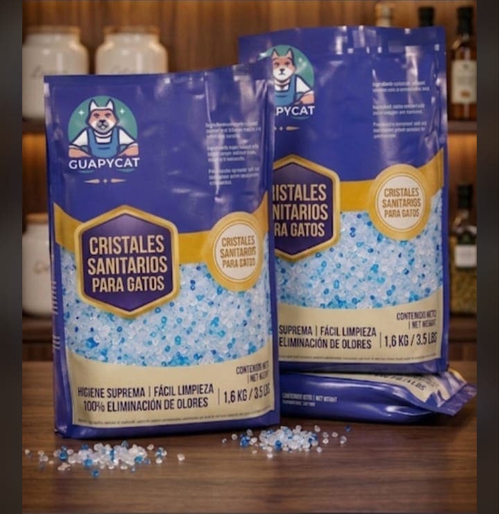 Dos bolsas de cristales sanitarios Guapycat para gatos con granos azules y blancos esparcidos.